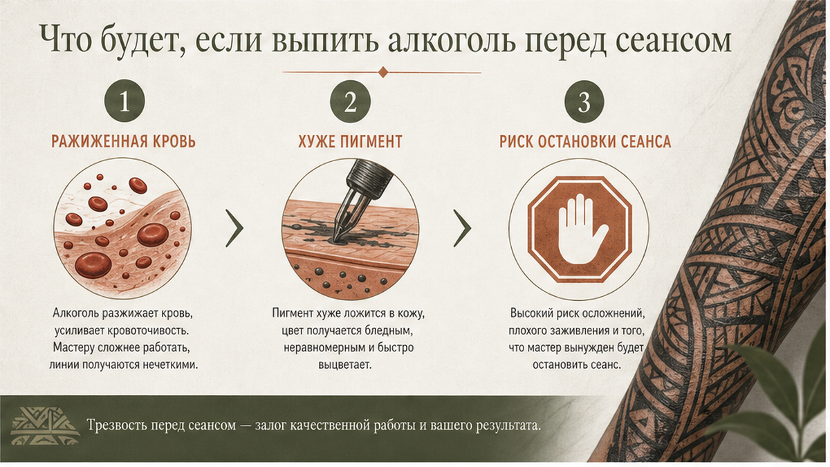 Схема последствий алкоголя перед сеансом татуировки