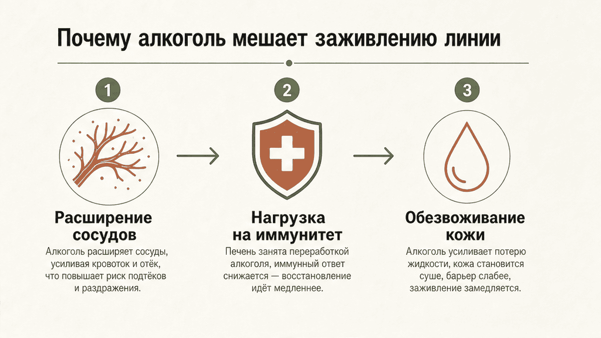 Схема: как алкоголь влияет на заживление татуировки и пигмент
