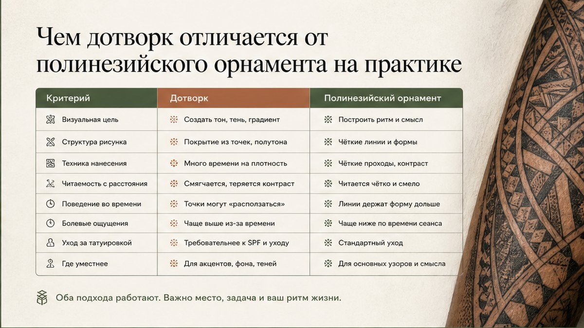 Сравнительная таблица: чем дотворк отличается от полинезийского орнамента на практике