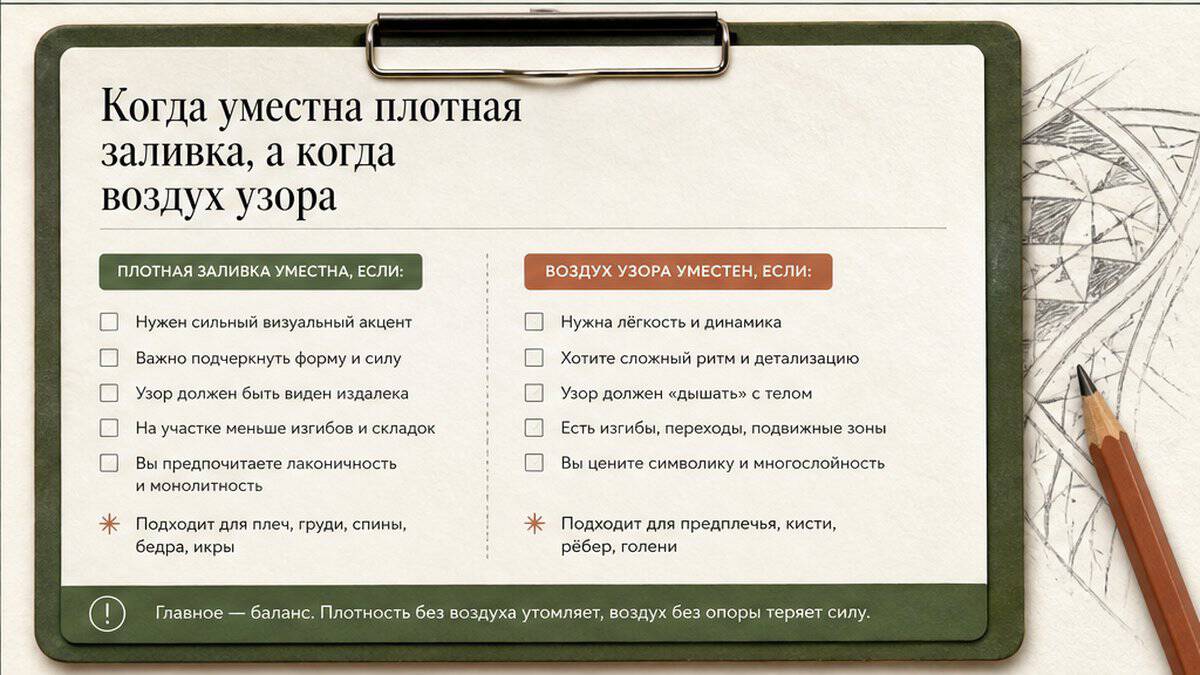 Чеклист: когда уместна плотная заливка, а когда воздух узора