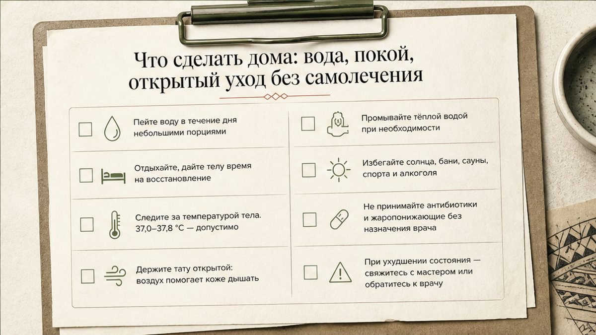 Чеклист домашнего ухода: вода, покой, открытый уход без самолечения