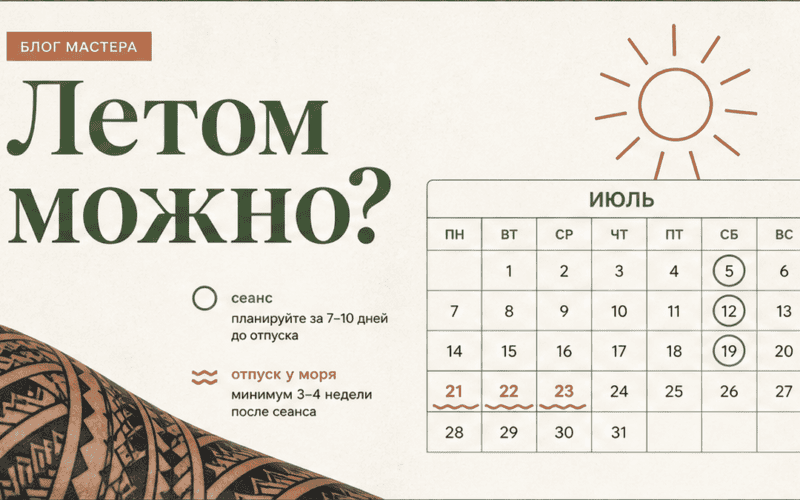 Можно ли делать тату летом: открытые зоны, солнце и график сеансов — обложка статьи блога Анастасии Барченко