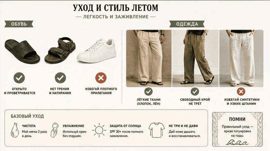 Летнее заживление тату на голени — обувь и открытая зона