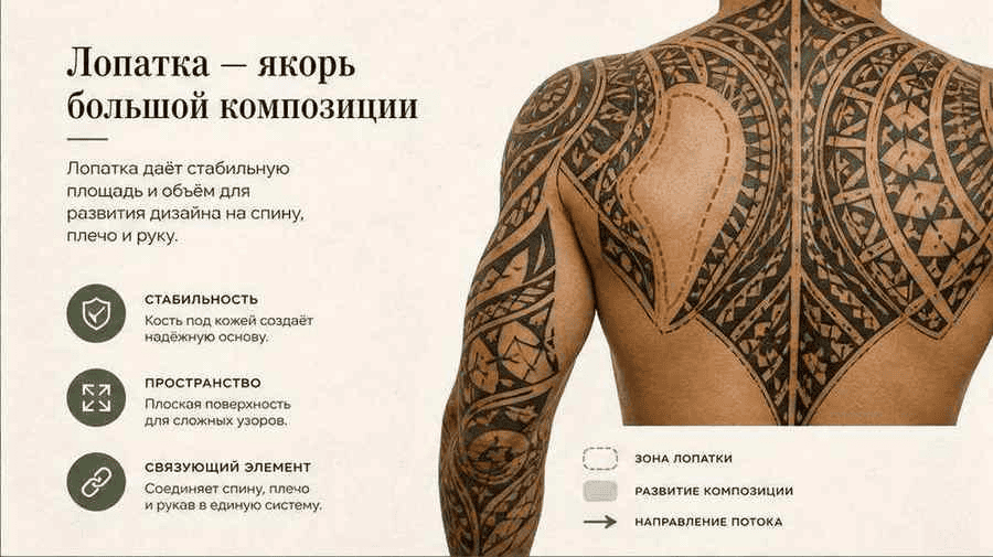 Иллюстрация: Лопатка как якорь крупного полинезийского орнамента на спине