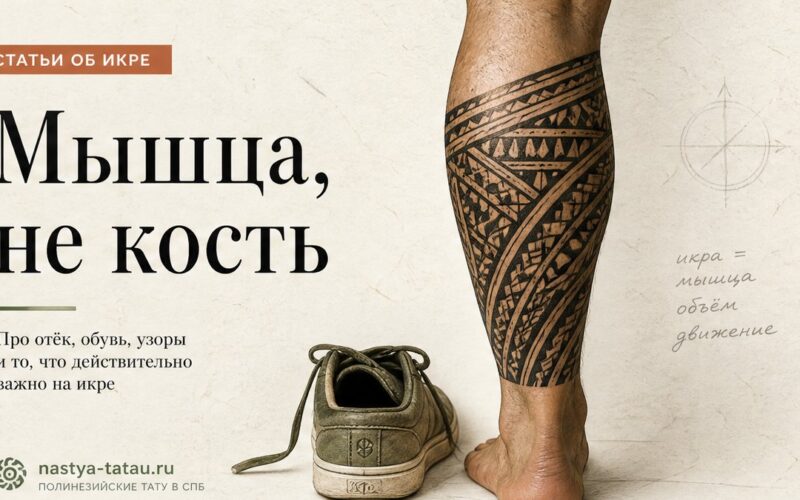 Тату на икру: полинезийский орнамент, отёк и заживление при ходьбе — обложка статьи блога Анастасии Барченко