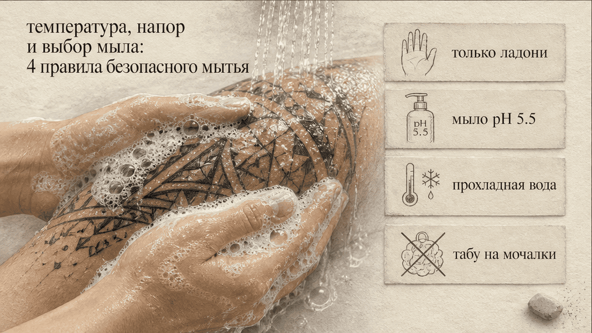 Мытьё свежей татуировки только ладонями с мягким мылом pH 5.5 под прохладной водой