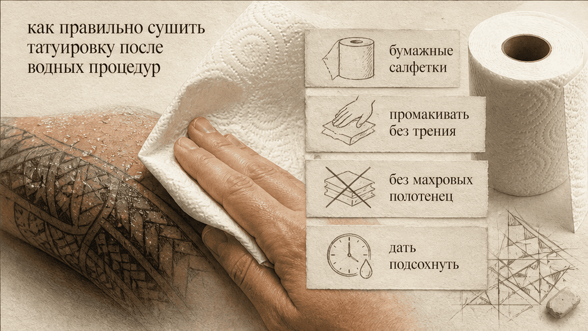 Сушка татуировки бумажными салфетками без трения, без махрового полотенца