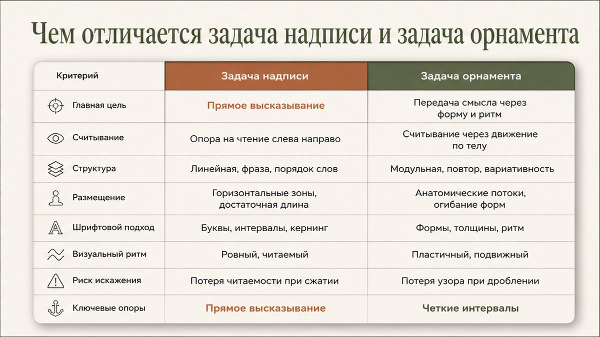 Сравнительная таблица: Чем отличается задача надписи и задача орнамента