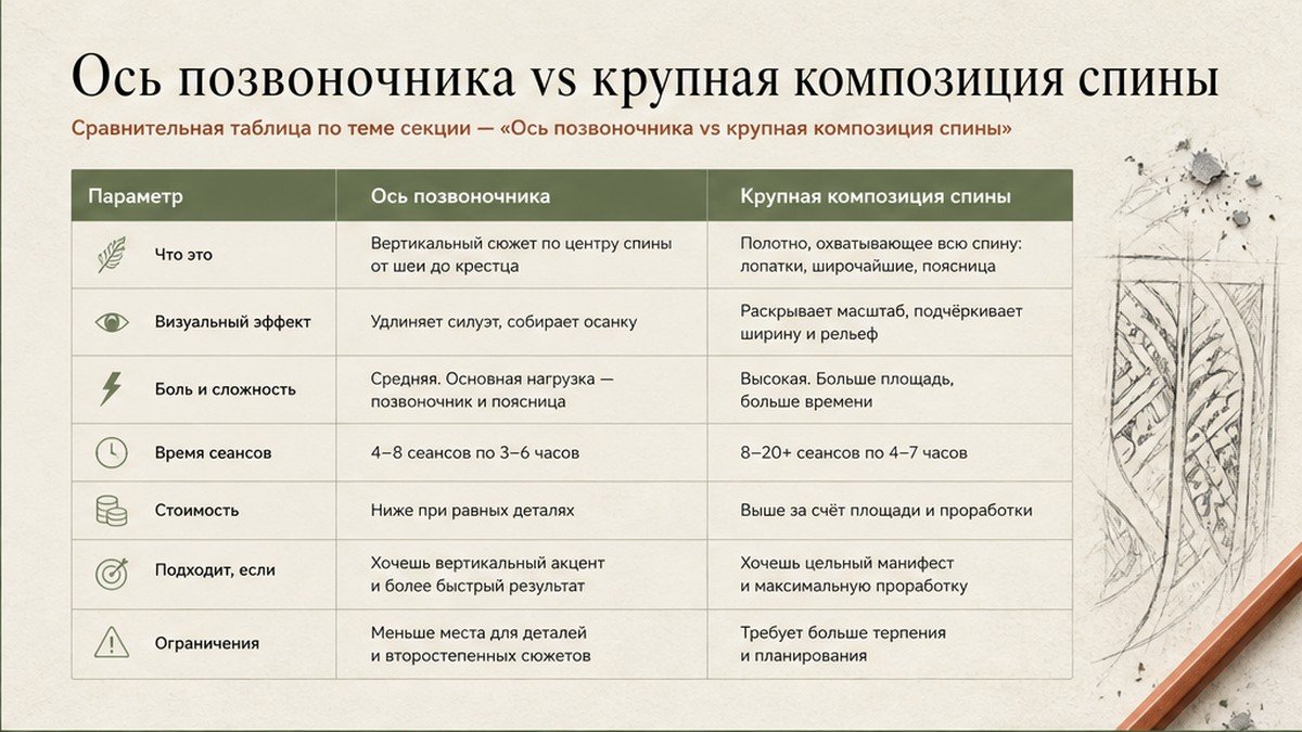 Сравнительная таблица: Ось позвоночника vs крупная композиция спины
