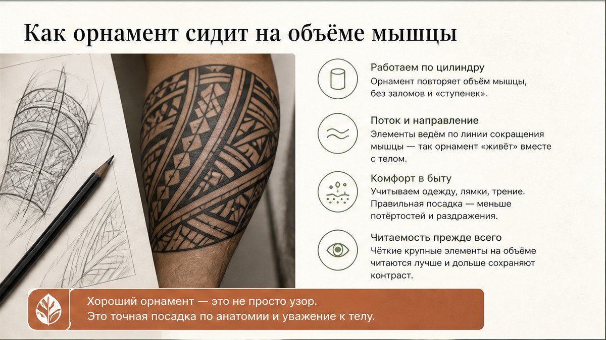 Карточка-инфографика: Как орнамент сидит на объёме мышцы