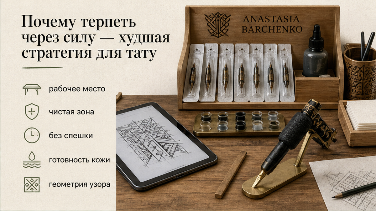 Рабочее место мастера: стерильный столик и подготовленные материалы без спешки — работа только при полной готовности тела