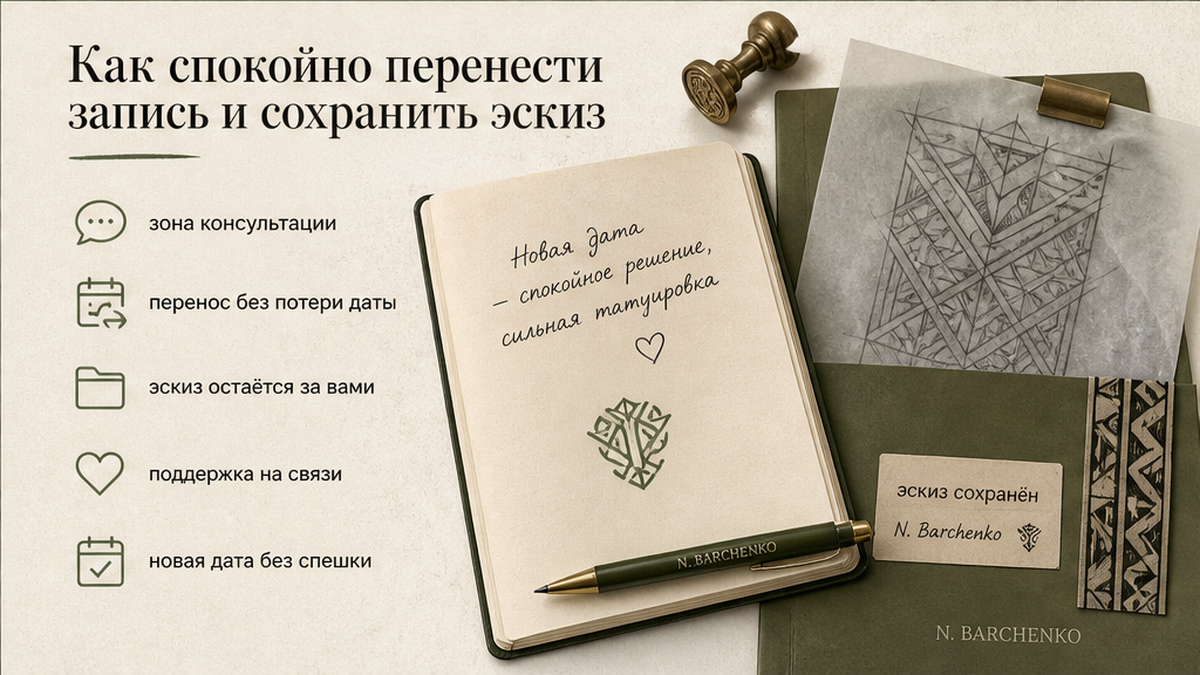 Зона консультации студии за чашкой чая: согласование новой даты сеанса с сохранением брони и эскиза