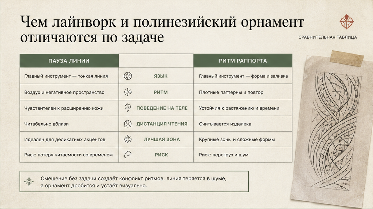 Сравнительная таблица: Чем лайнворк и полинезийский орнамент отличаются по задаче