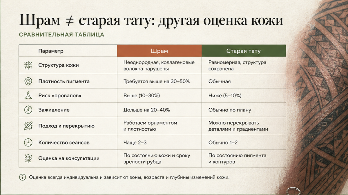 Сравнение: шрам и старая тату — разная оценка кожи