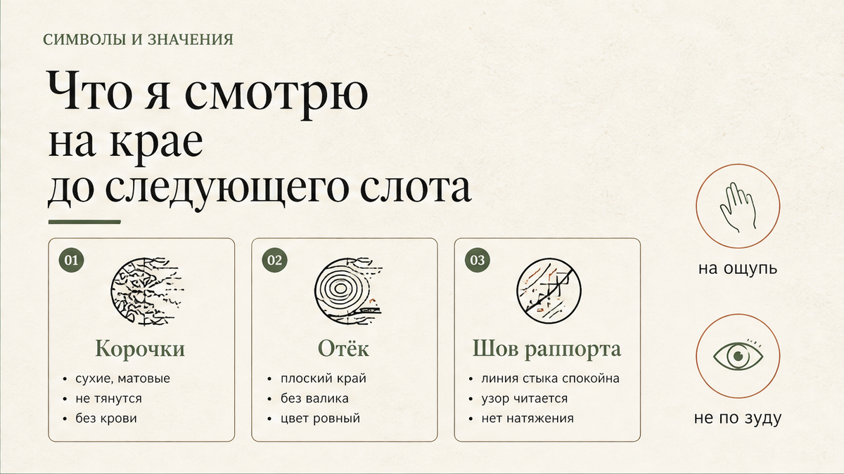 Схема: корочки, отёк и шов раппорта до следующего слота