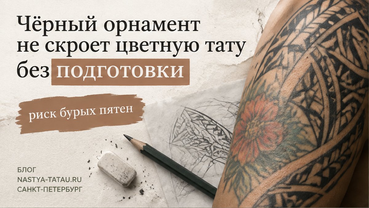 Перекрытие цветной татуировки: когда чёрный орнамент закроет, а когда нужен лазер