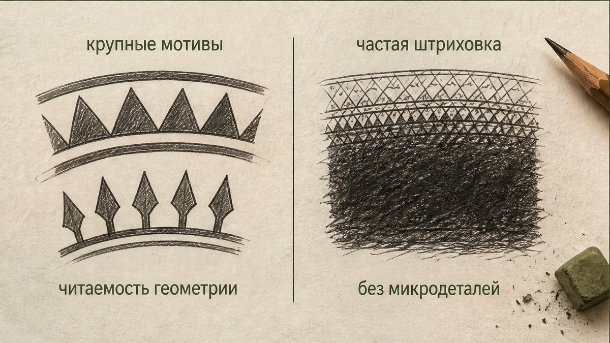Крупные полинезийские мотивы сохраняют читаемость геометрии, тогда как частая штриховка со временем неизбежно сливается.